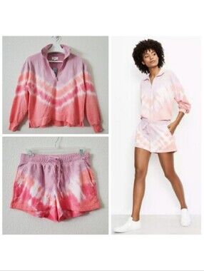 Lou & Grey Boho Tie Dye Soft Cozy Terry Shorts & Half Zip Sweatshirt Set Pink